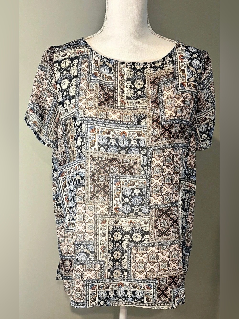 J. Jill Geometric Patchwork Tile Print Sheer Blouse Top - Size Medium